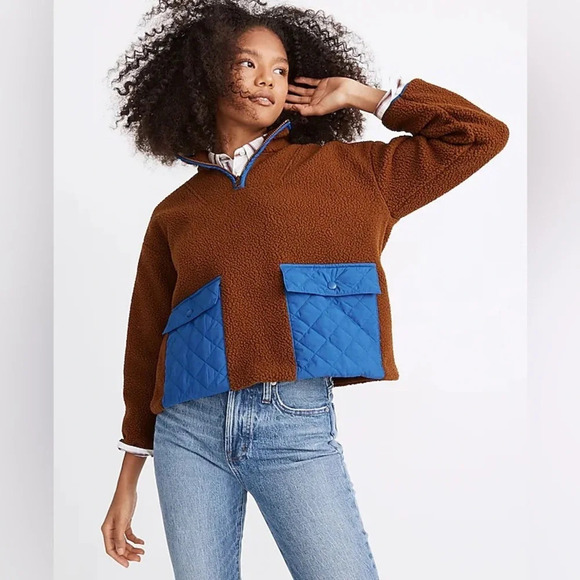 Madewell (Re)sourced Fleece Quilted Pocket Popover Jacket in Brown/Blue Size XS - Picture 1 of 15